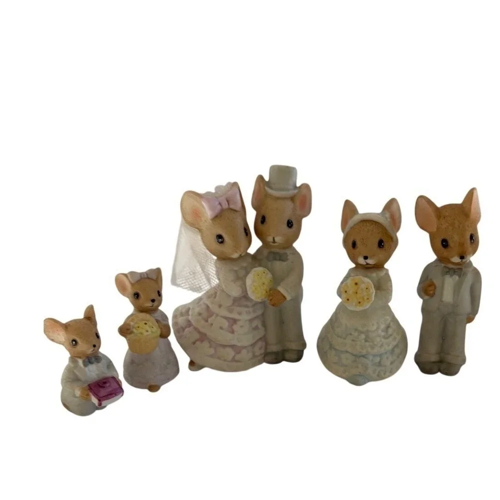 Vintage‎ Miniature Mouse Wedding Party Figurines Fairy Garden Bride Groom 6pcHip